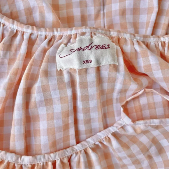 SUNDRESS BRAND Gingham Clea Swing Dress Women’s Size XS/S Peach Pompom Midi - Picture 5 of 5